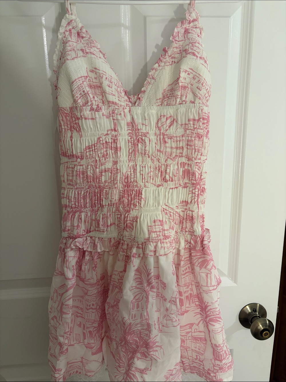 Pink Toile Smocked Mini Dress with Ruffle Trim